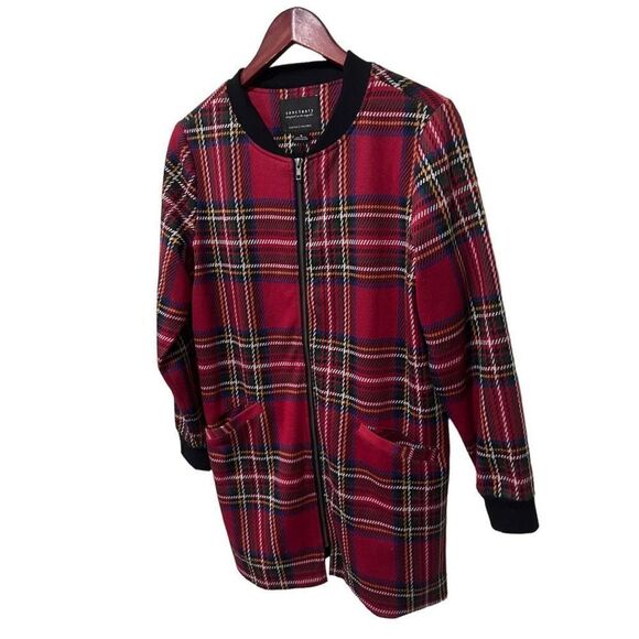 Sanctuary Red Plaid Full Zip City Topper Coatigan Jacket Size M School Academia - Picture 7 of 10